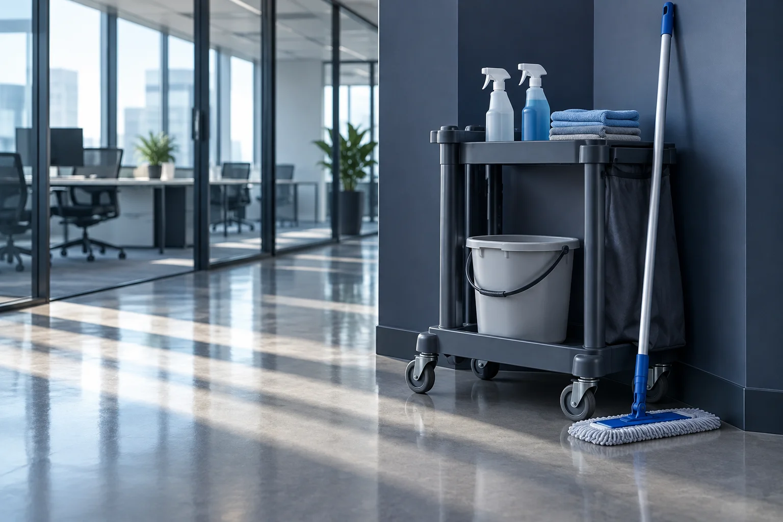 Illustrative office trolley with plain unmarked bottles and folded cloths after a contract clean