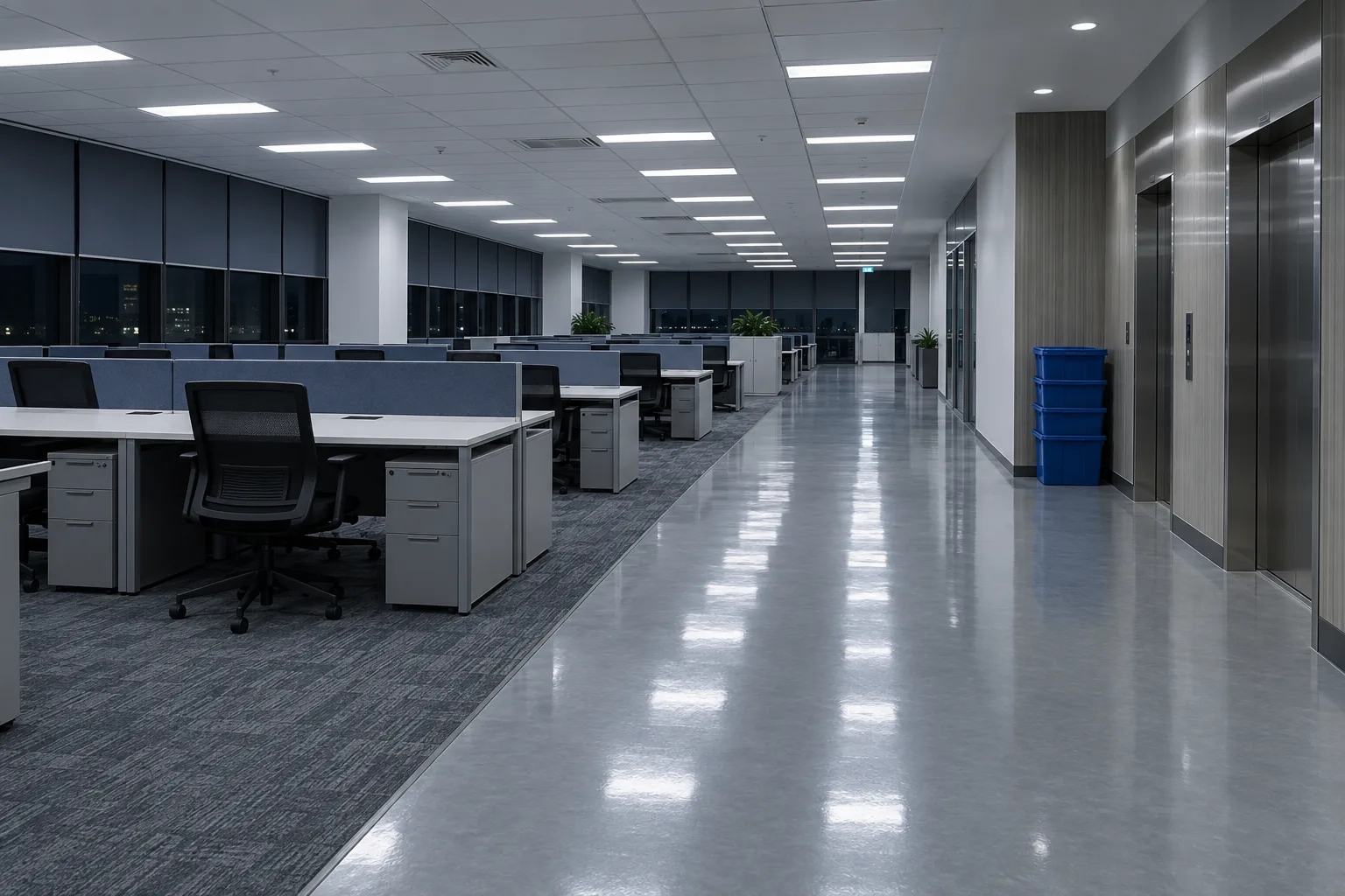 Illustrative open-plan office floor at night after a contract clean, desks cleared