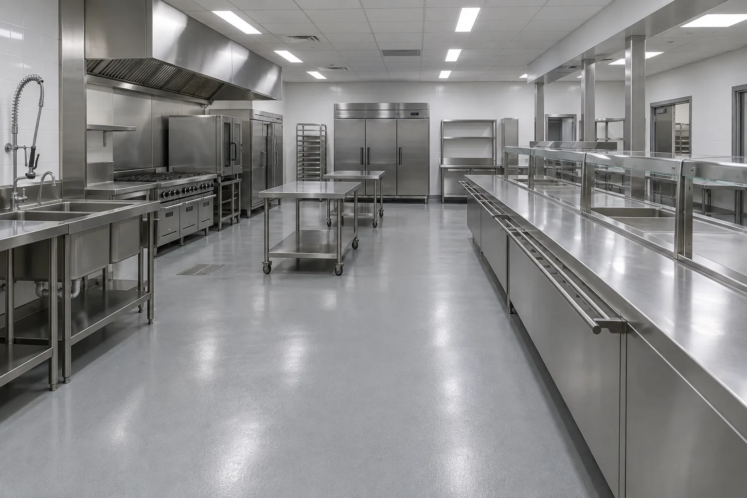 Illustrative commercial canteen kitchen after closing, stainless counters wiped and floor mopped