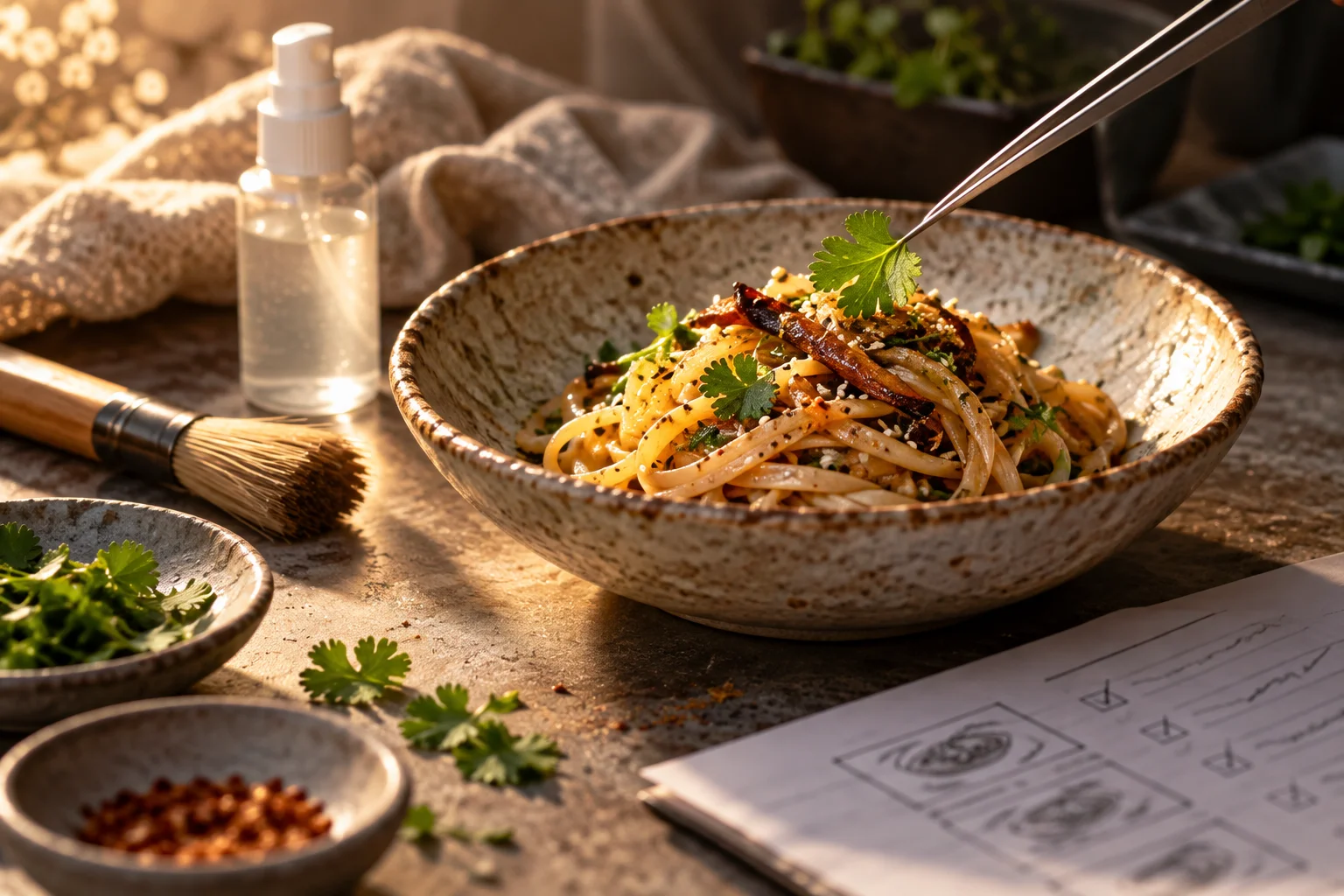 Illustrative food styling set-up with a plated noodle dish, a pastry brush and a shot list