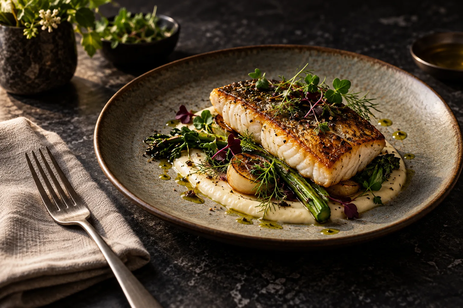 Illustrative plated dish on a dark stone counter with a linen napkin and a fork