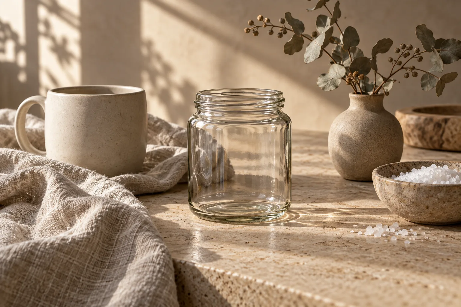 Illustrative styled tabletop with linen, a ceramic cup, a glass jar and dried stems