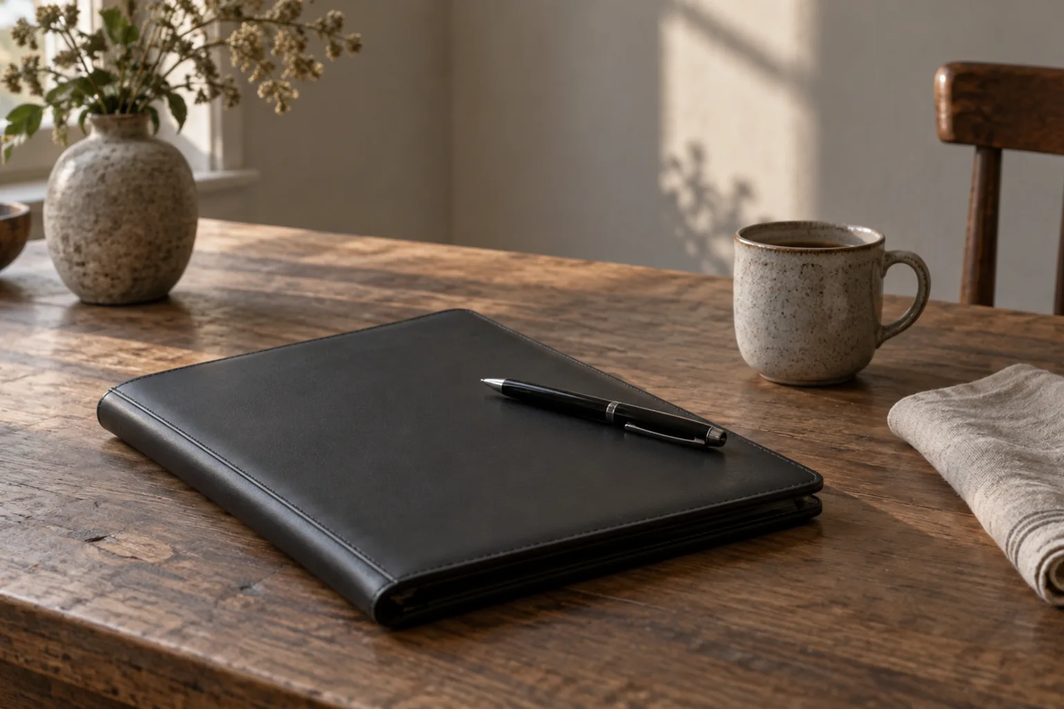 Illustrative closed black document wallet on a wooden table with a pen laid across it, a stoneware mug, a folded linen napkin and a vase of dried flowers