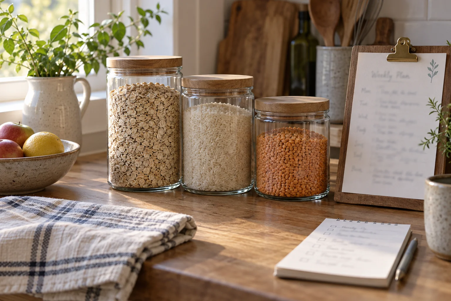 Illustrative kitchen counter with containers of staples, a clipped plan and a folded cloth in daylight