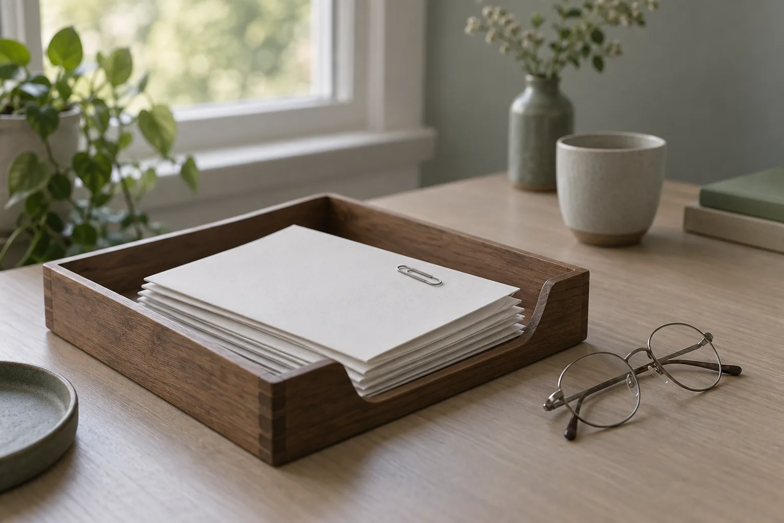 Illustrative shallow wooden letter tray holding a stack of blank sheets with a paper clip, reading glasses folded beside it and a cup behind