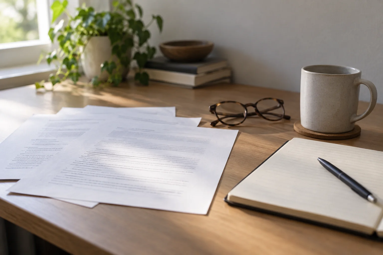 A desk with printed sheets, a notebook, glasses and a mug in daylight