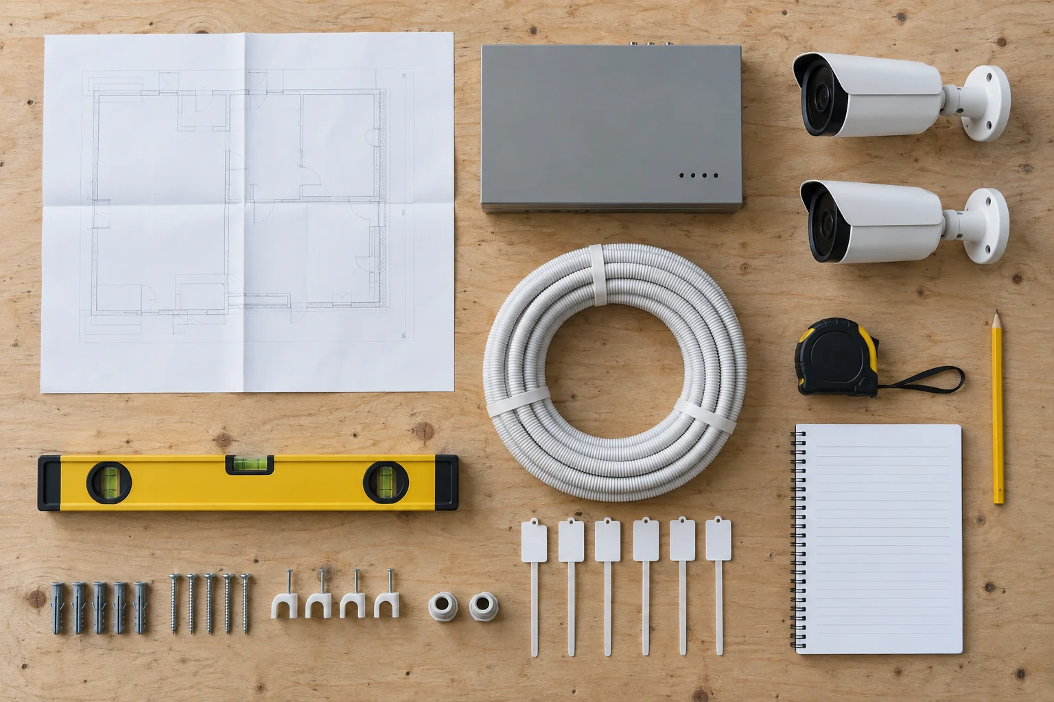 Illustrative site-survey layout on a workbench: a floor plan, a recorder unit, camera housings, conduit and a spirit level