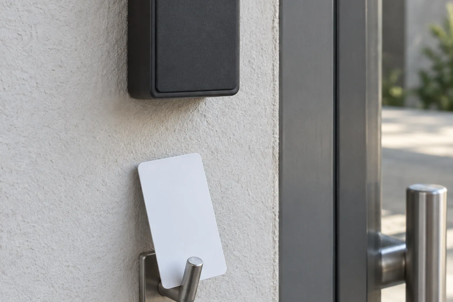 Illustrative blank proximity card reader beside a metal door frame on a pale plaster wall with a plain white access card on a hook below