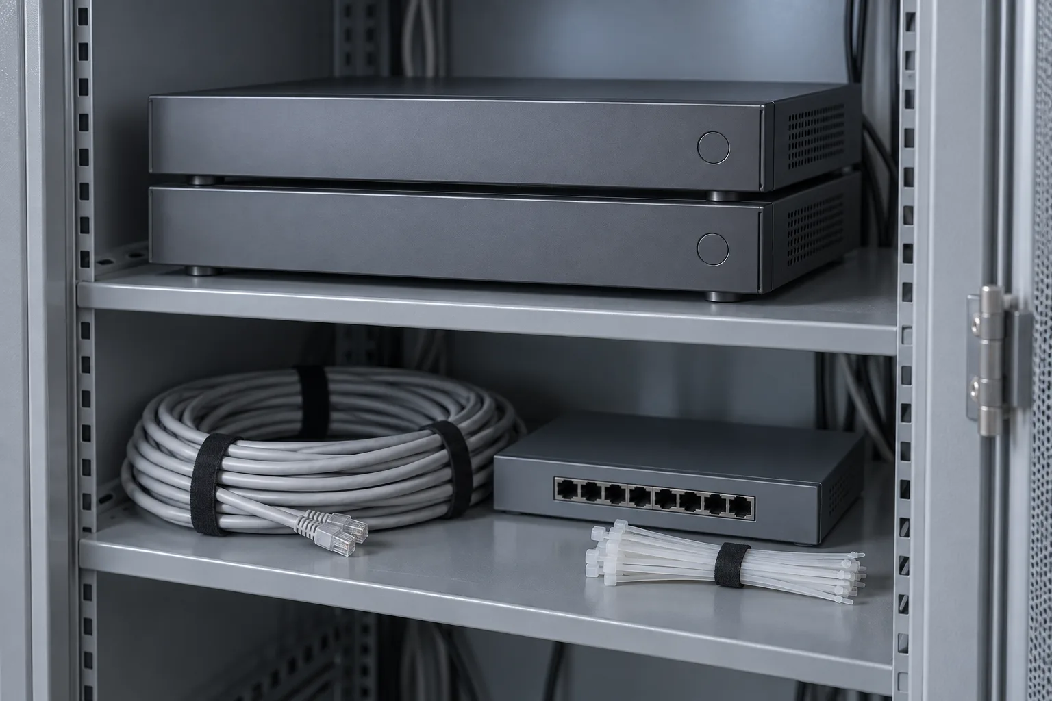 Illustrative plain grey network recorder units stacked in a steel equipment cupboard with coiled network cable and a small switch