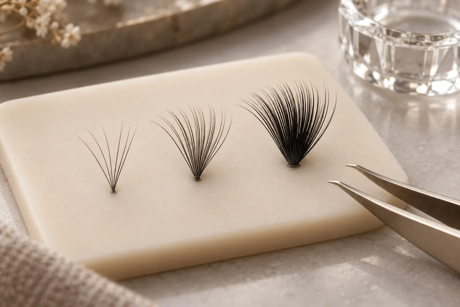 Three graduated lash extension fans on a cream pad with tweezers