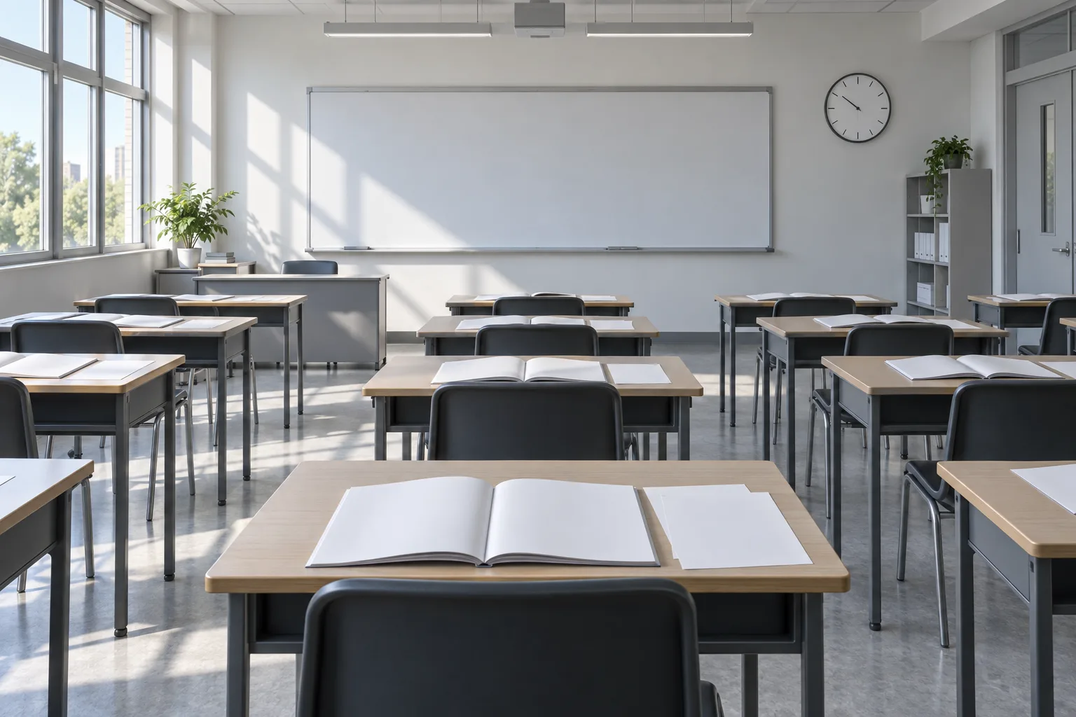 Illustrative classroom between sessions with rows of desks, open workbooks and practice papers, a blank whiteboard and a wall clock
