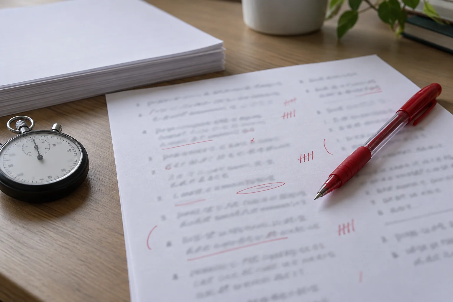 Illustrative stack of marked exam papers with a stopwatch, a red pen and a highlighter beside them