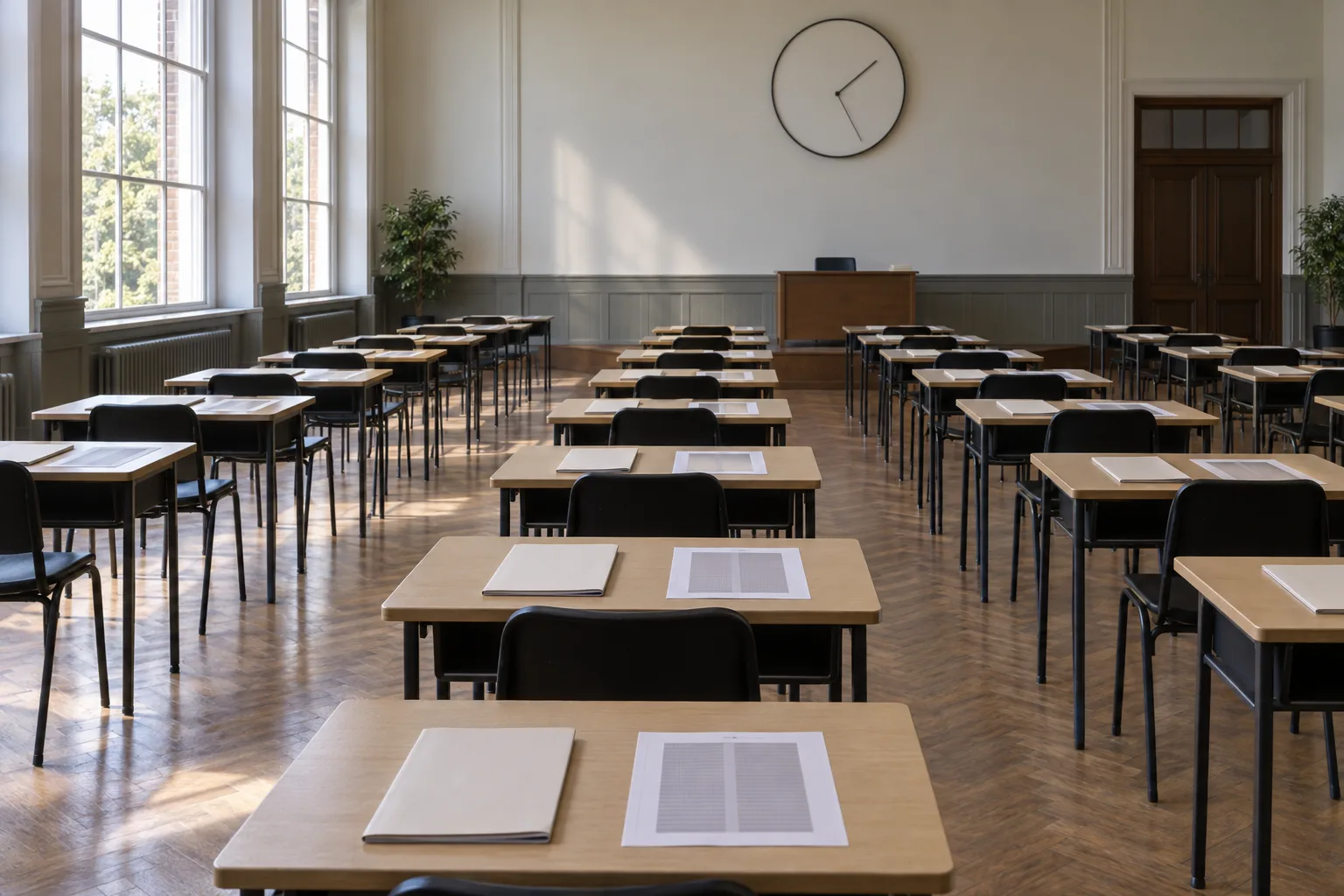 Illustrative exam hall with rows of single desks holding closed question booklets, a large wall clock above and windows along one side