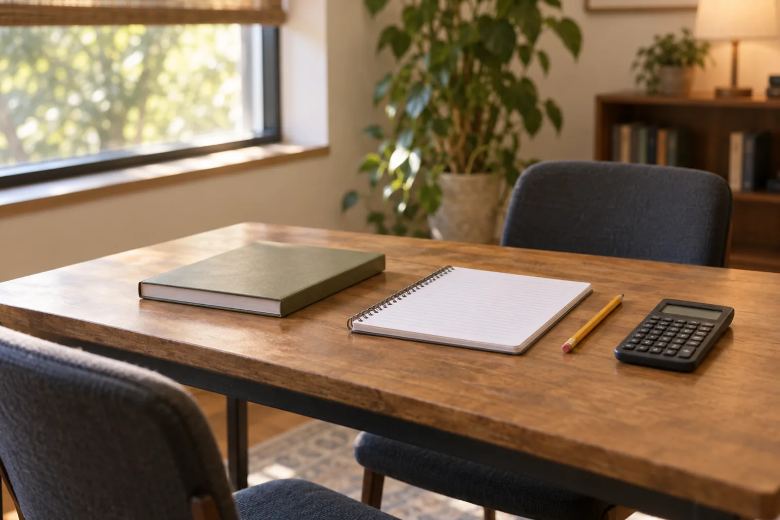 Illustrative one-to-one tutoring desk with two chairs facing each other, a workbook, a calculator and a notebook beside a window