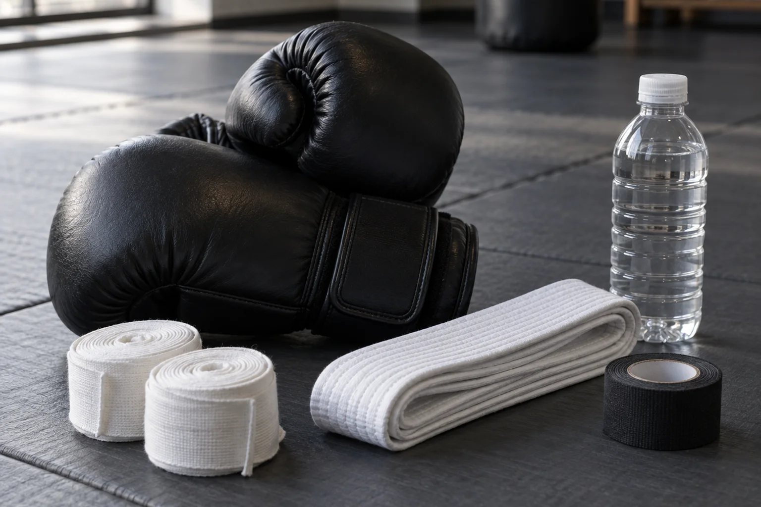Unmarked black gloves, rolled hand wraps, a plain folded belt, a water bottle and tape on padded mats