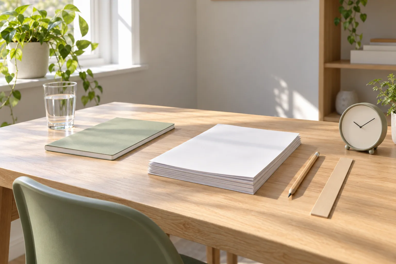 Illustrative exam-practice desk with a stack of blank past papers, a ruler, a pencil and a small desk clock beside a sage-green chair