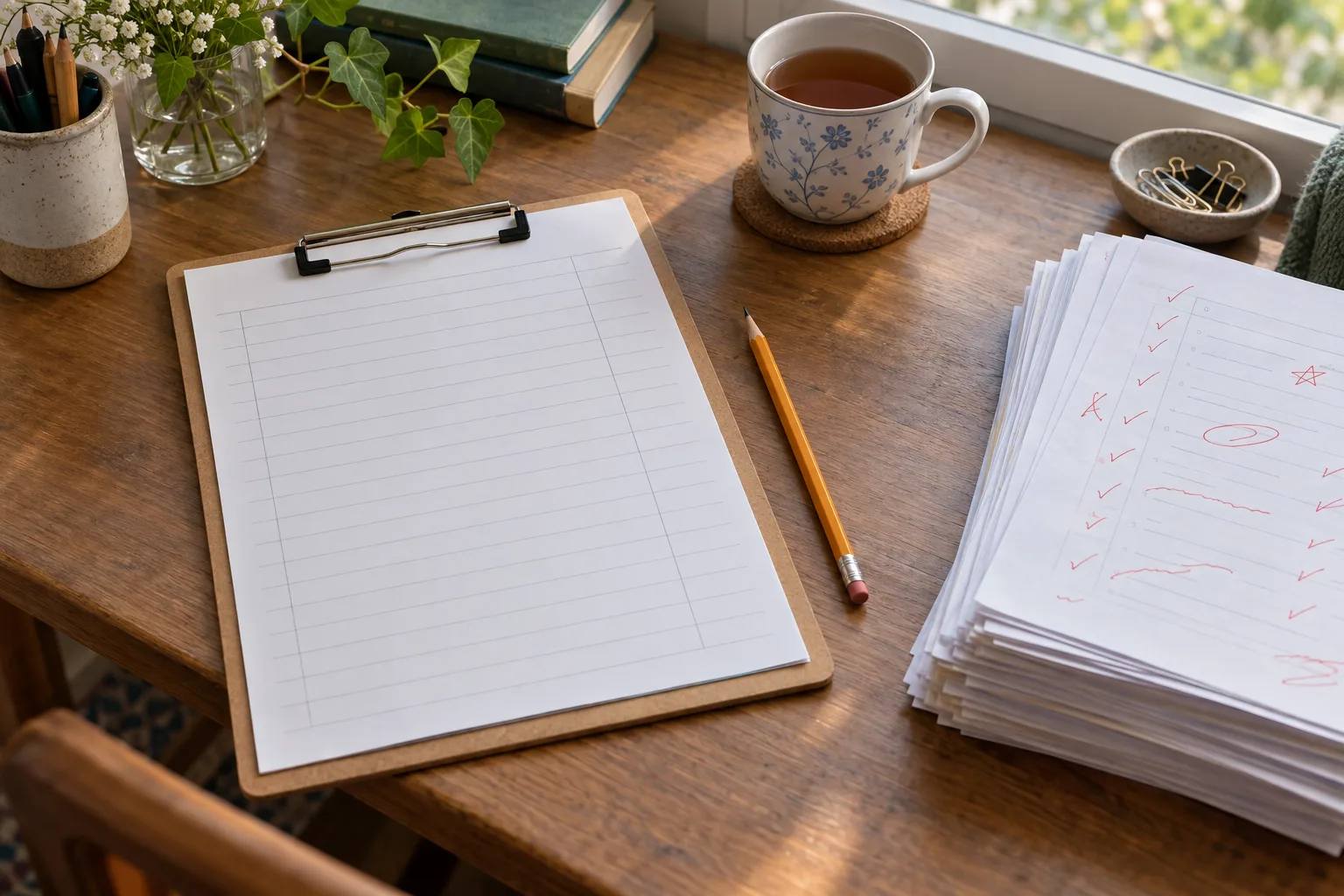 Illustrative term-report desk with a clipboard holding a blank lined sheet, a pencil, a mug and a stack of worksheets marked in red pen