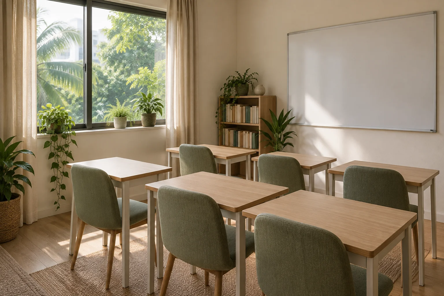 Illustrative tuition room with four study desks, sage-green chairs and a blank whiteboard beside a window