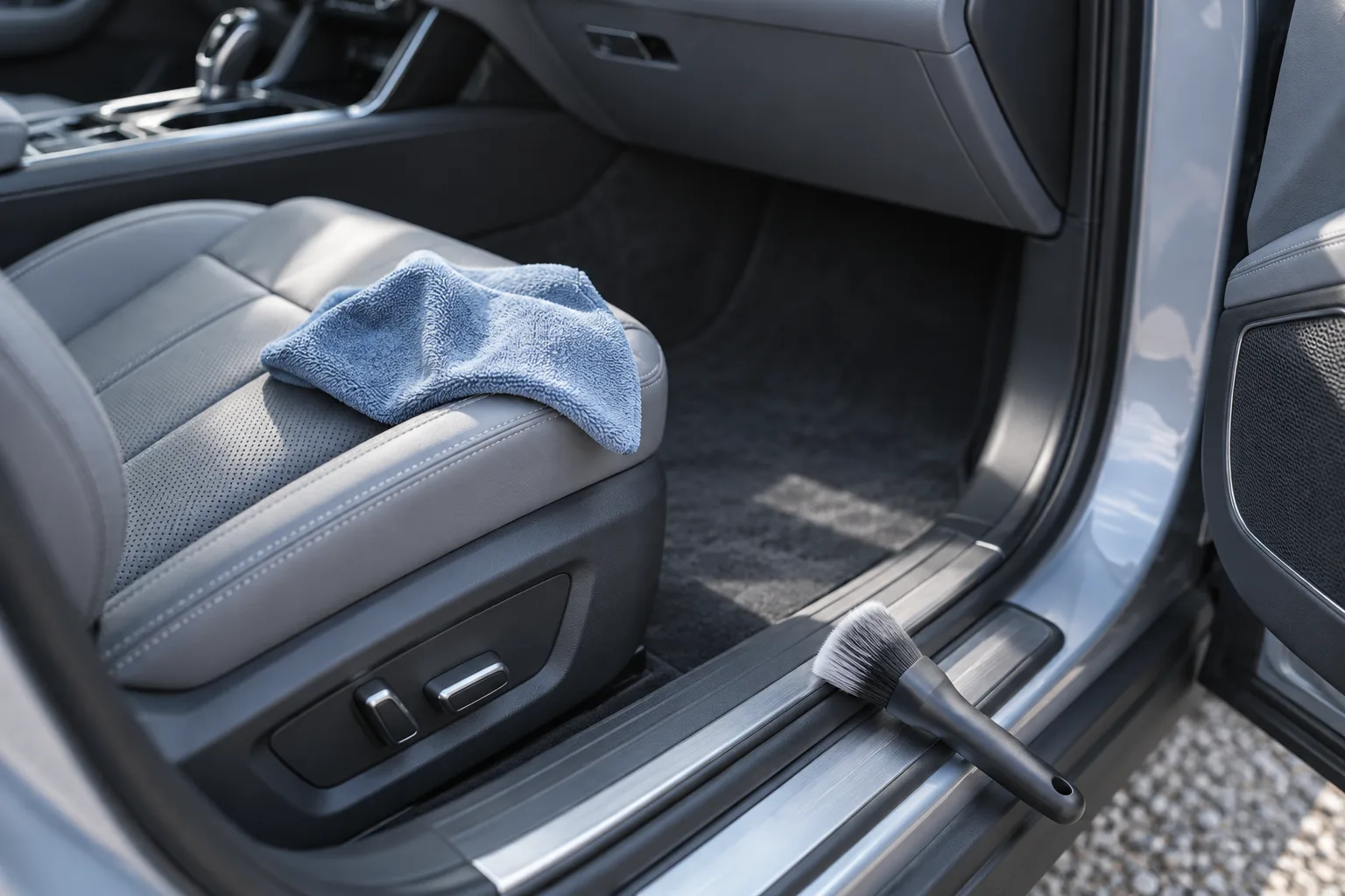 Illustrative car cabin with a cloth on the seat part-way through an interior detail