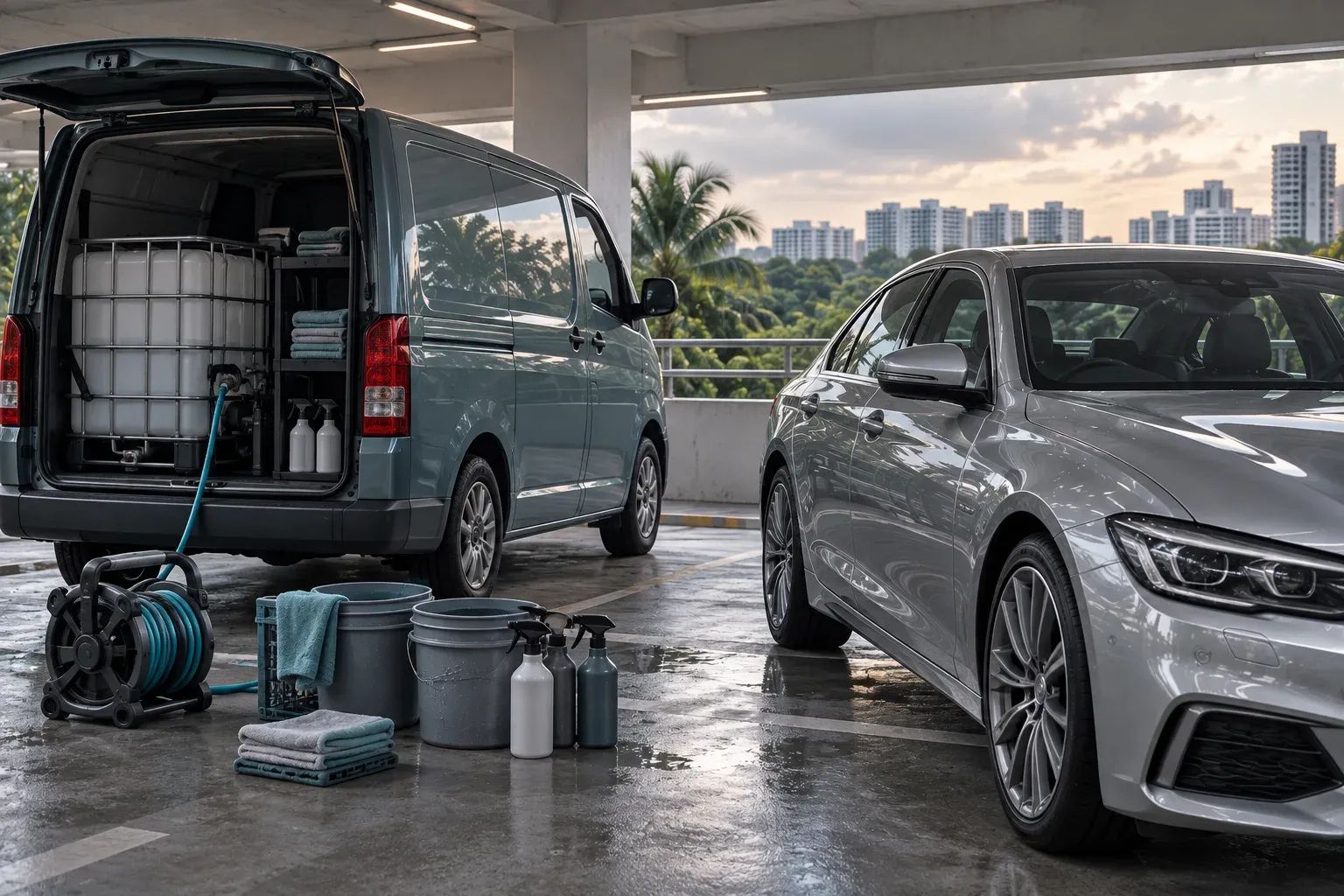 Illustrative mobile detailing setup beside a car in a sheltered car park