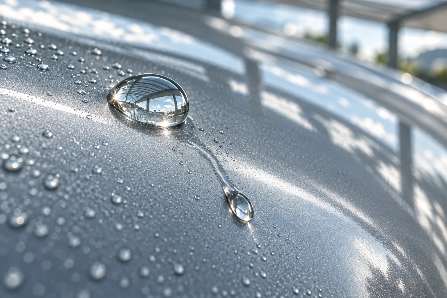 Water droplets and soft reflections on silver car paint