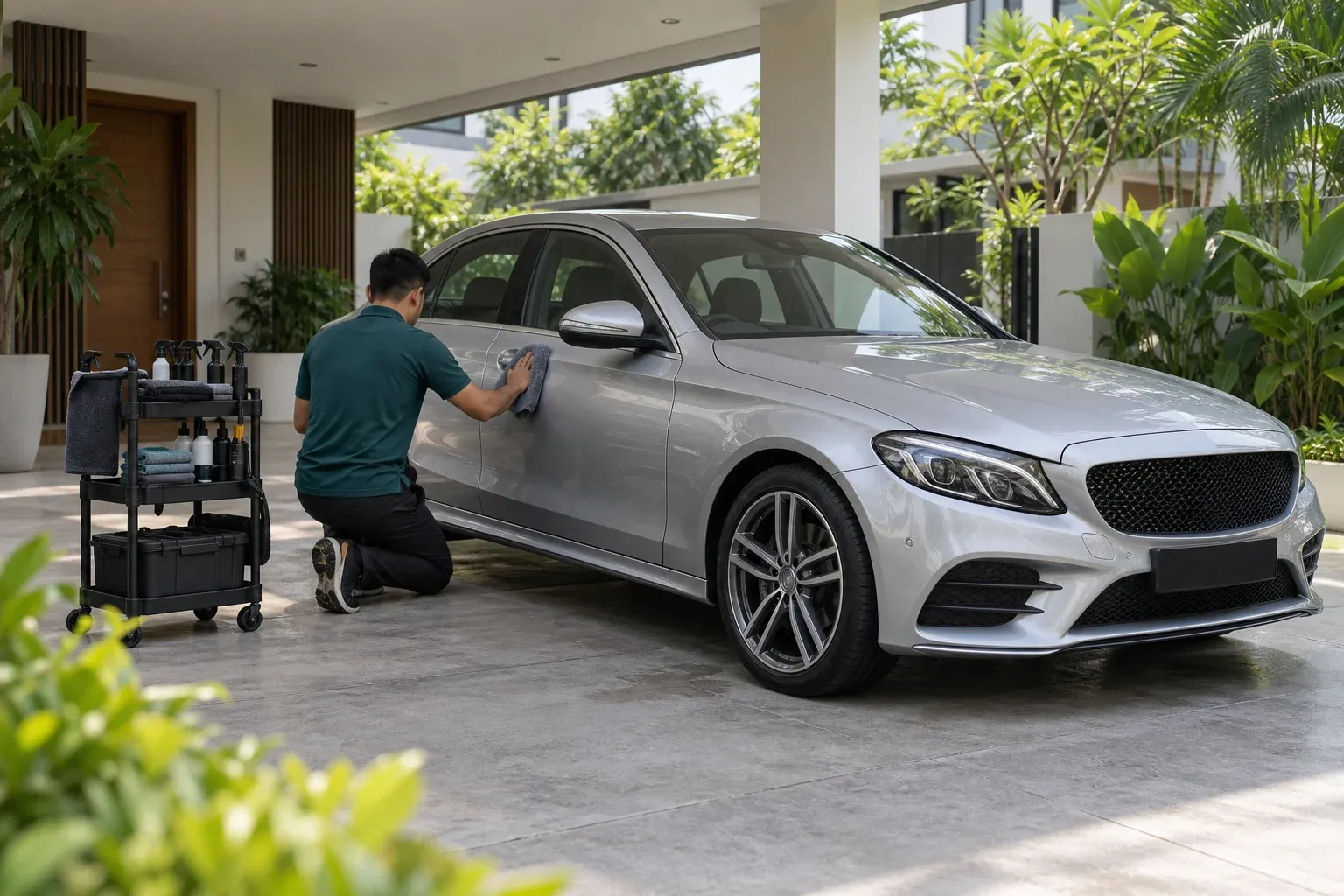 Illustrative mobile detailer caring for a silver car in a sheltered residential driveway