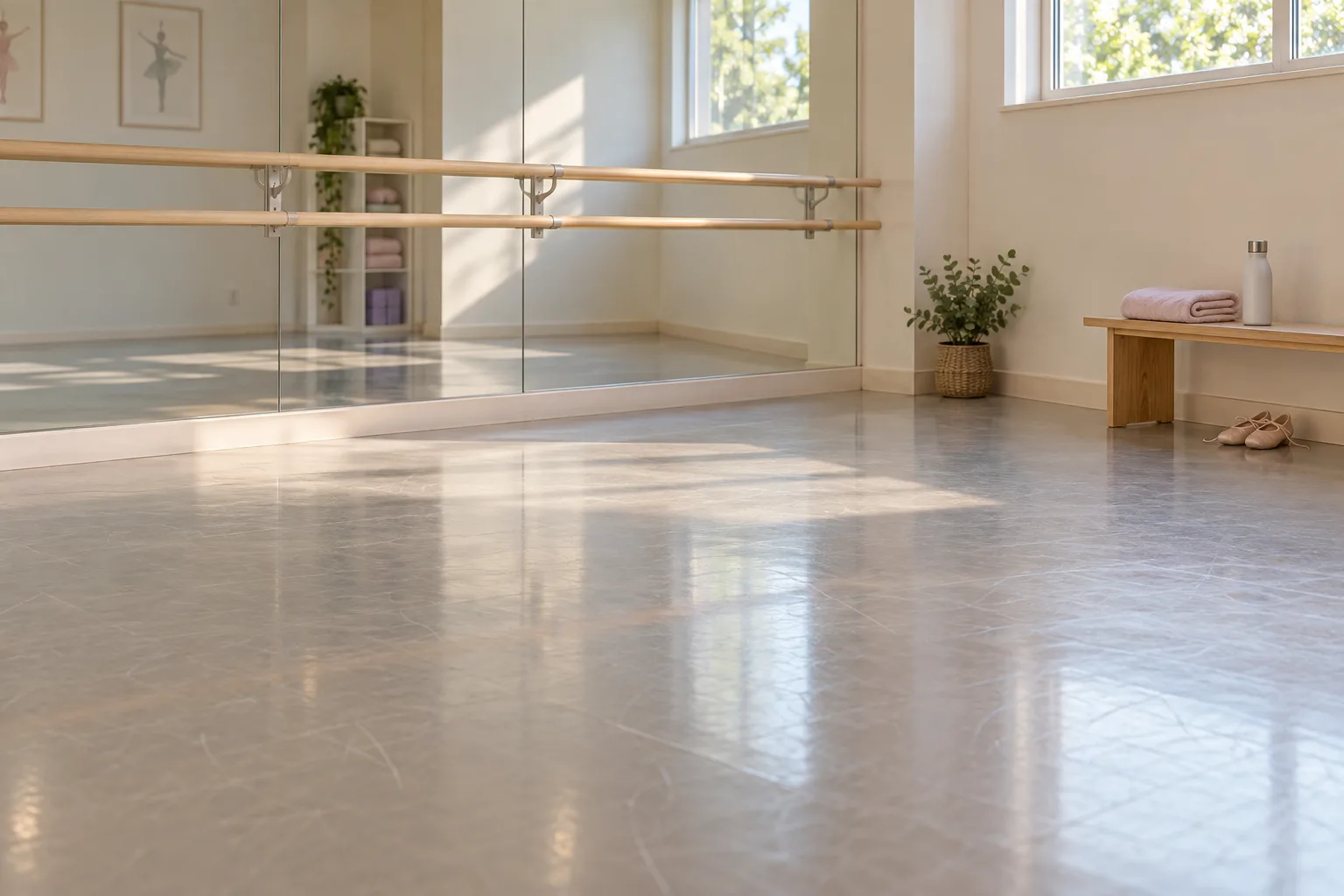 Illustrative children’s dance studio with a barre along a mirrored wall, ballet shoes against the skirting and daylight from a high window