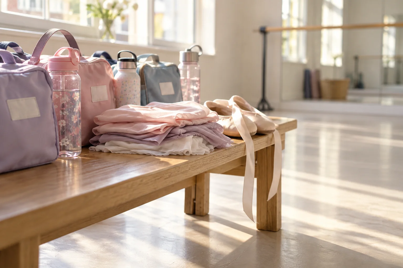 Illustrative dance studio bench with bags, folded clothes and ballet shoes in front of a barre