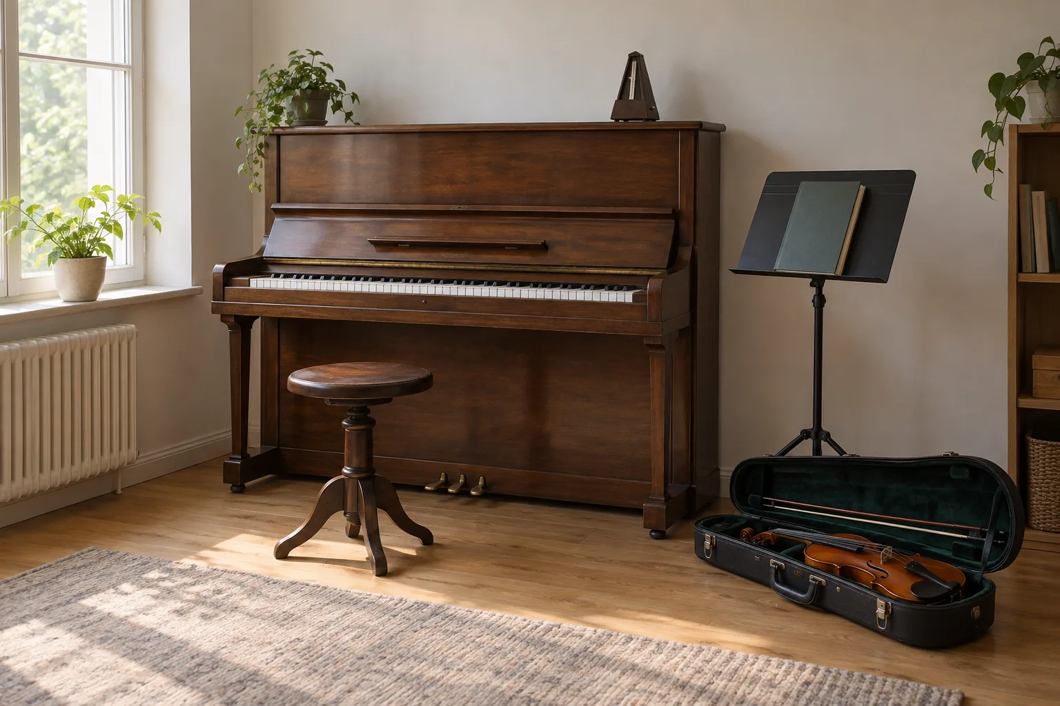 Illustrative music room with an upright piano, a stool, a music stand and an open violin case on the floor