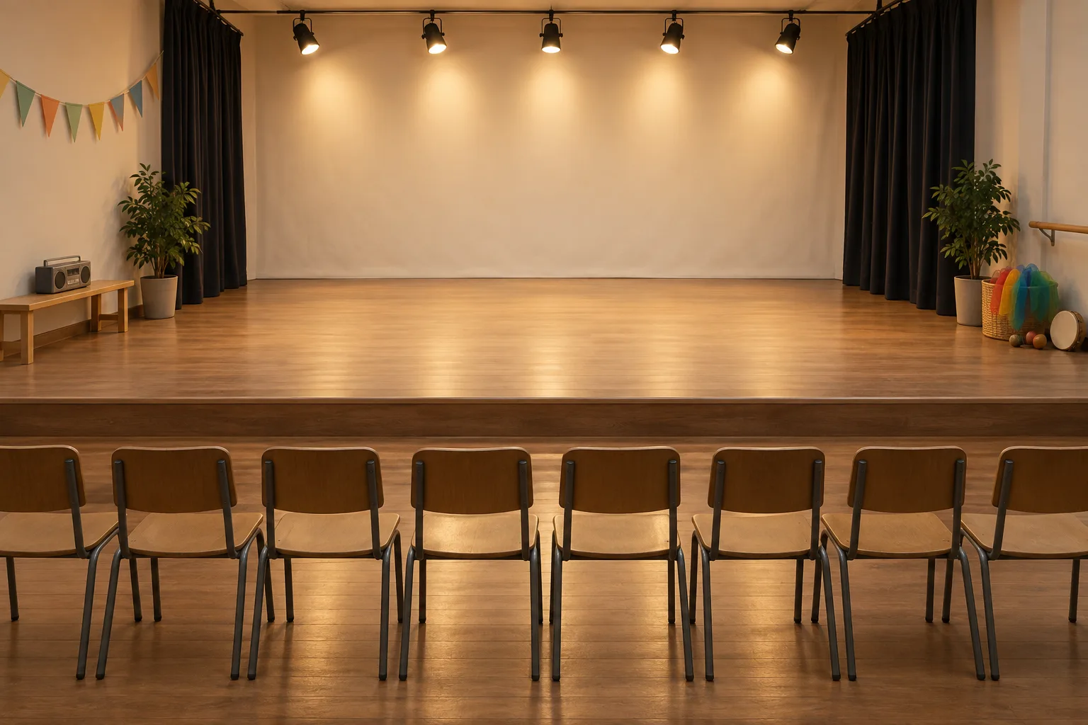 Illustrative small hall set for the end-of-term showing with a cleared floor, a row of chairs for families and a curtained backdrop