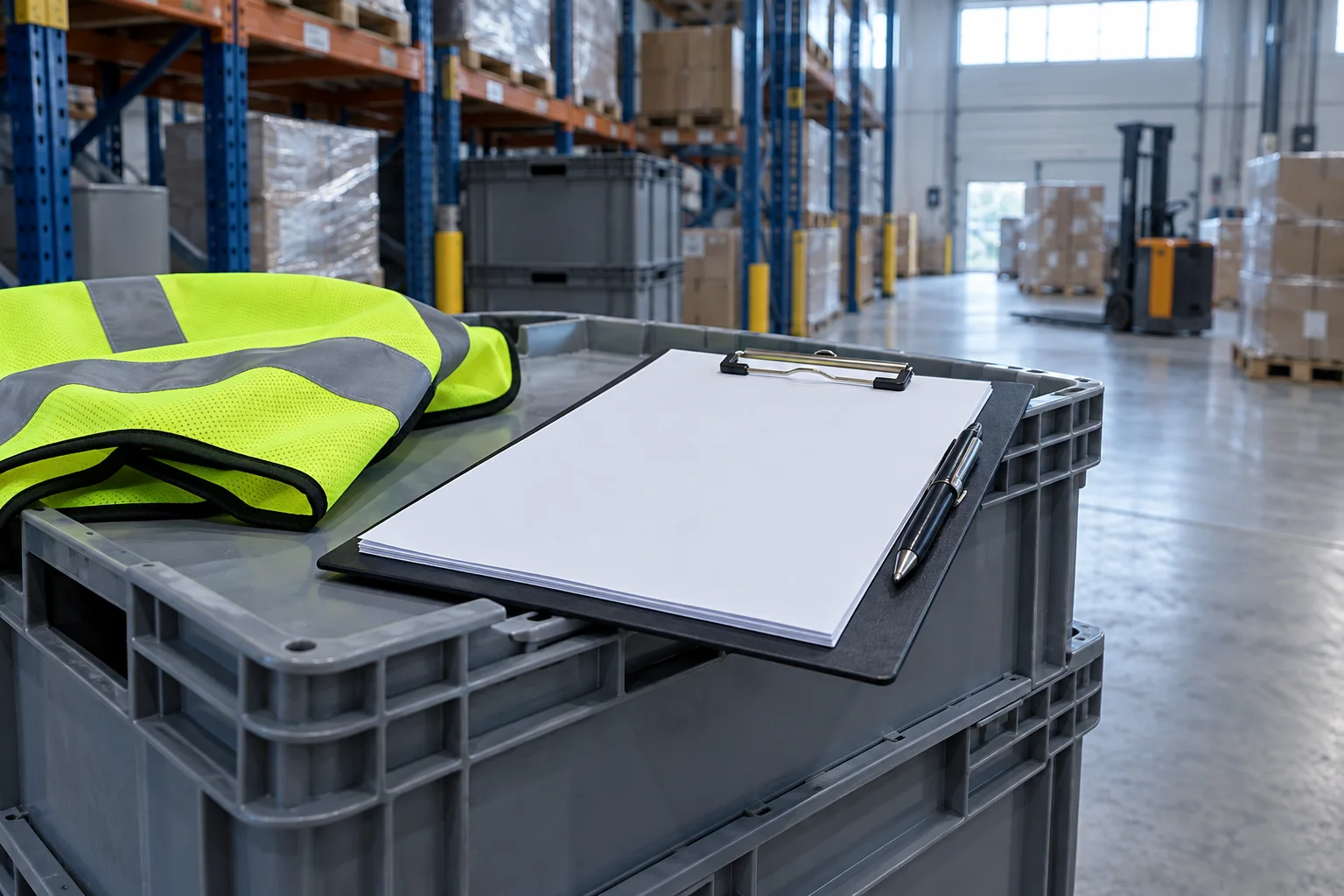 A supervisor's clipboard of blank sheets resting on stacked grey tote crates with a folded hi-vis vest, warehouse racking behind