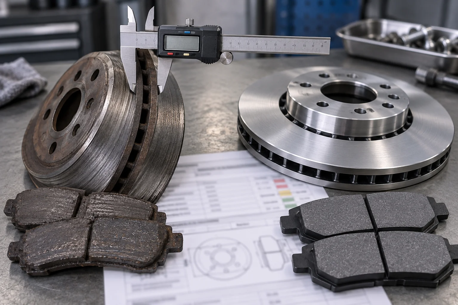 Illustrative worn disc and pads beside the replacement parts with a caliper measuring thickness