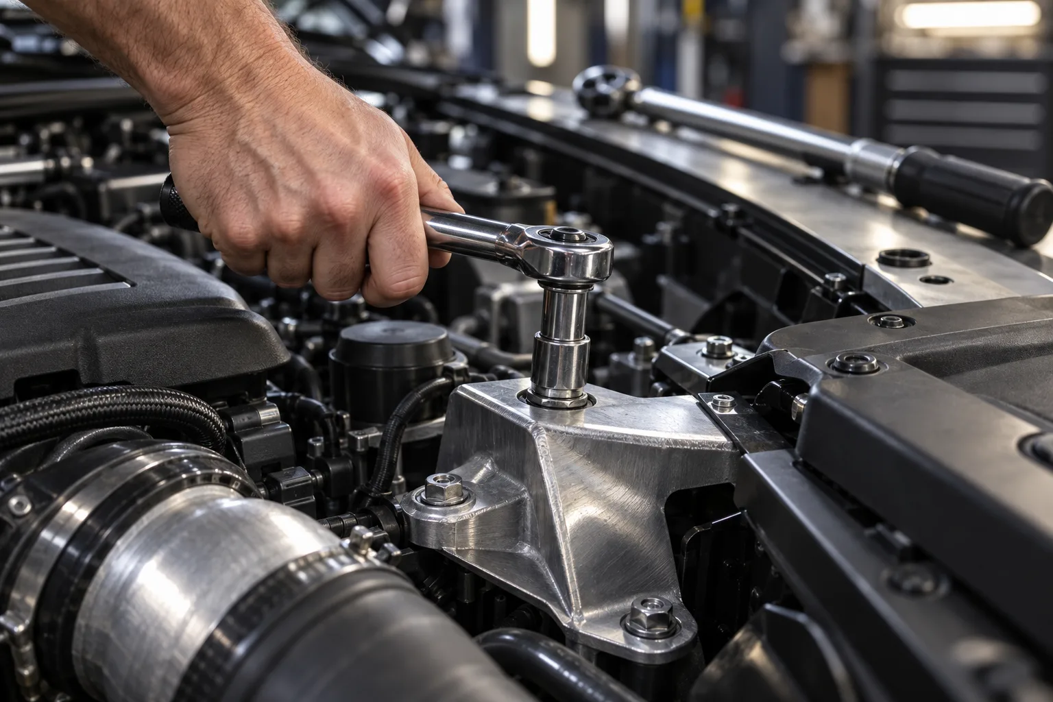 Illustrative socket wrench working on a component in a clean engine bay