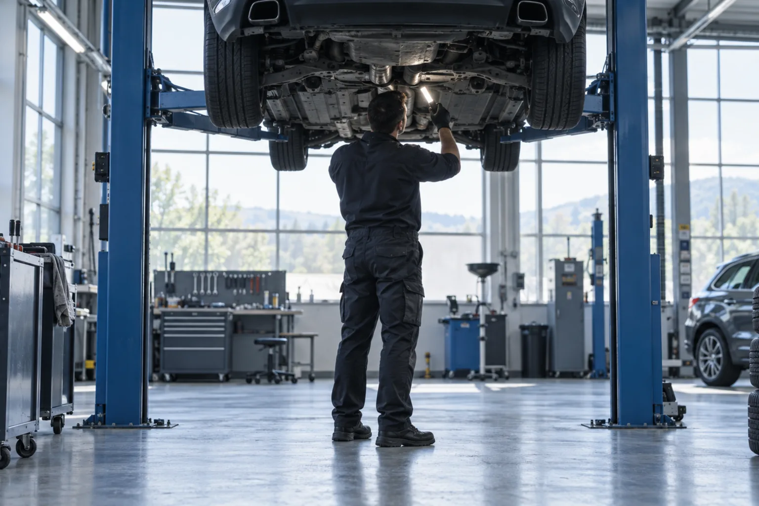 Illustrative car raised on a two-post lift while a technician inspects the underside