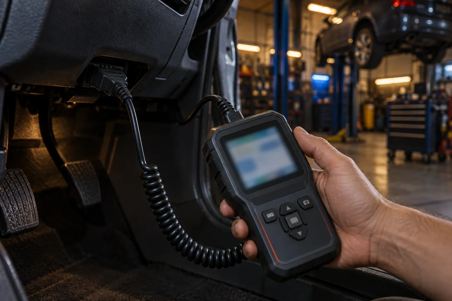 Illustrative diagnostic tool connected to a car in a workshop bay