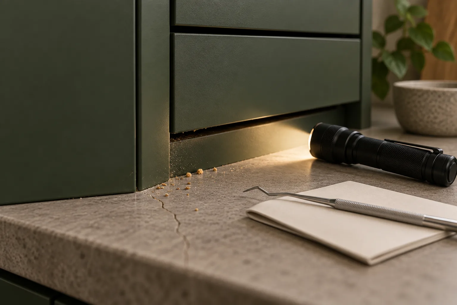 Illustrative inspection inside a kitchen cabinet base: a torch beam across the carcass joint and a blank record sheet on the shelf