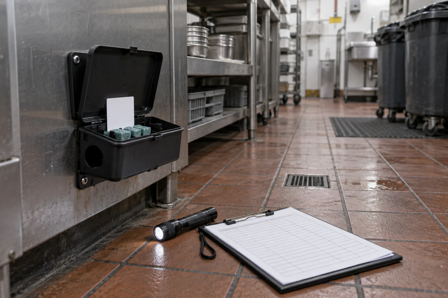 Illustrative bait station fixed in a commercial kitchen service run beside a bin area, lid open with a blank card inside, a torch and a blank record sheet on the floor