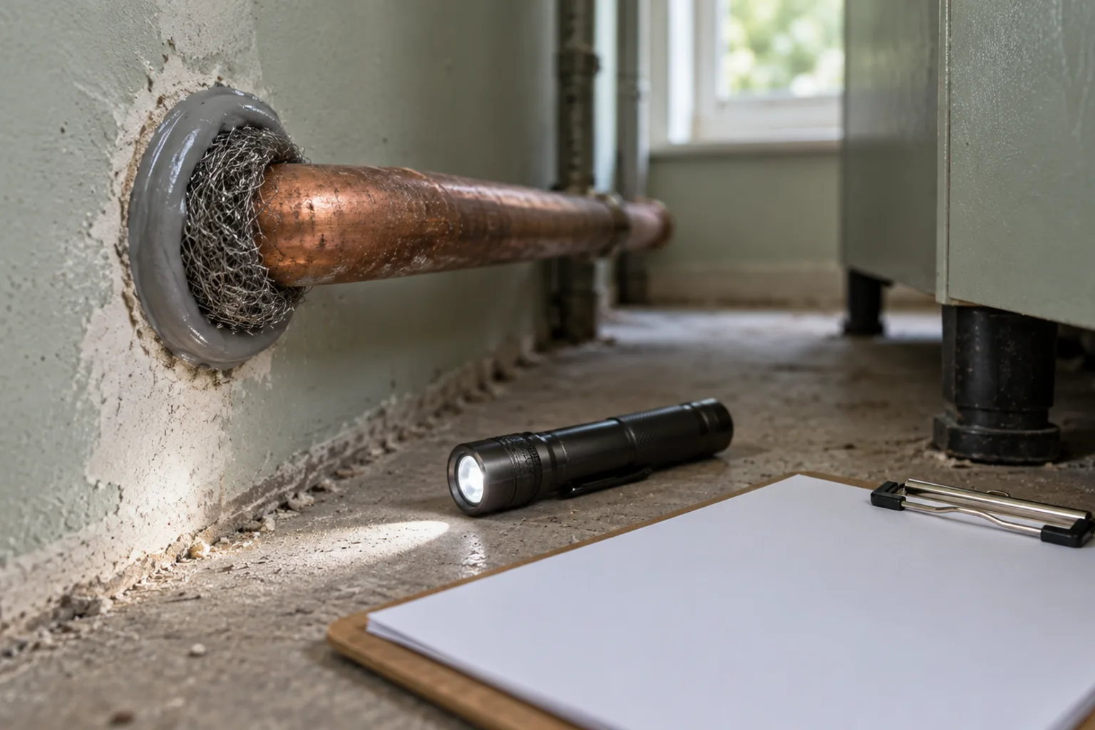 Illustrative proofing work: a pipe entry through a plastered wall packed with steel wool and finished with a sealant bead, with a slim torch and a blank sheet beside it