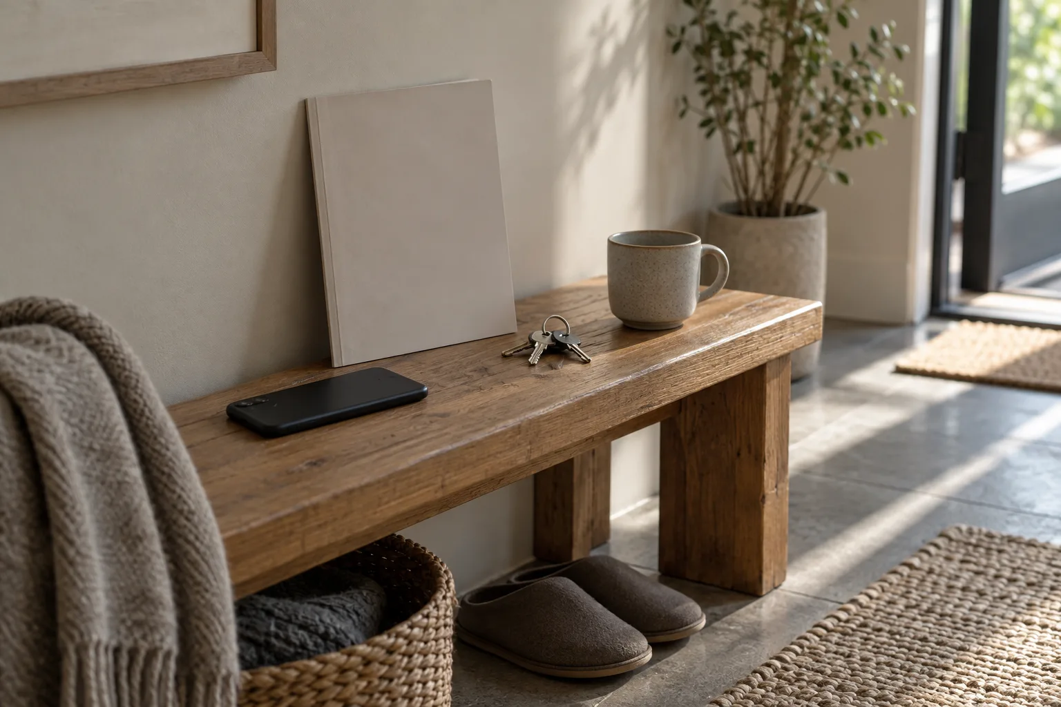 Illustrative entryway bench with a phone lying face-down, a slim unmarked folder, a bunch of house keys and a stoneware cup in daylight