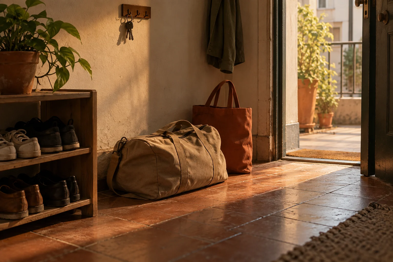 Illustrative doorway at handover time with a packed canvas duffel bag and a tote on a tiled floor beside a shoe rack, keys hanging on a hook above