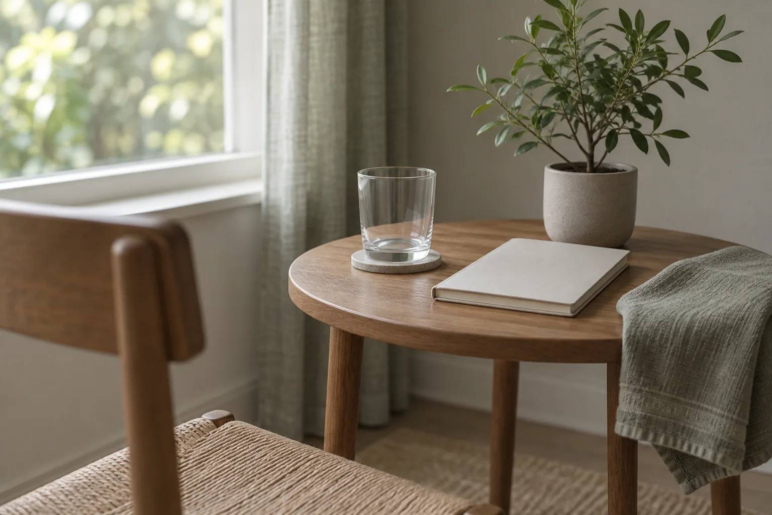 Illustrative small round table by a window with a blank notebook, a glass of water, a potted plant and folded green linen, a woven chair in the foreground