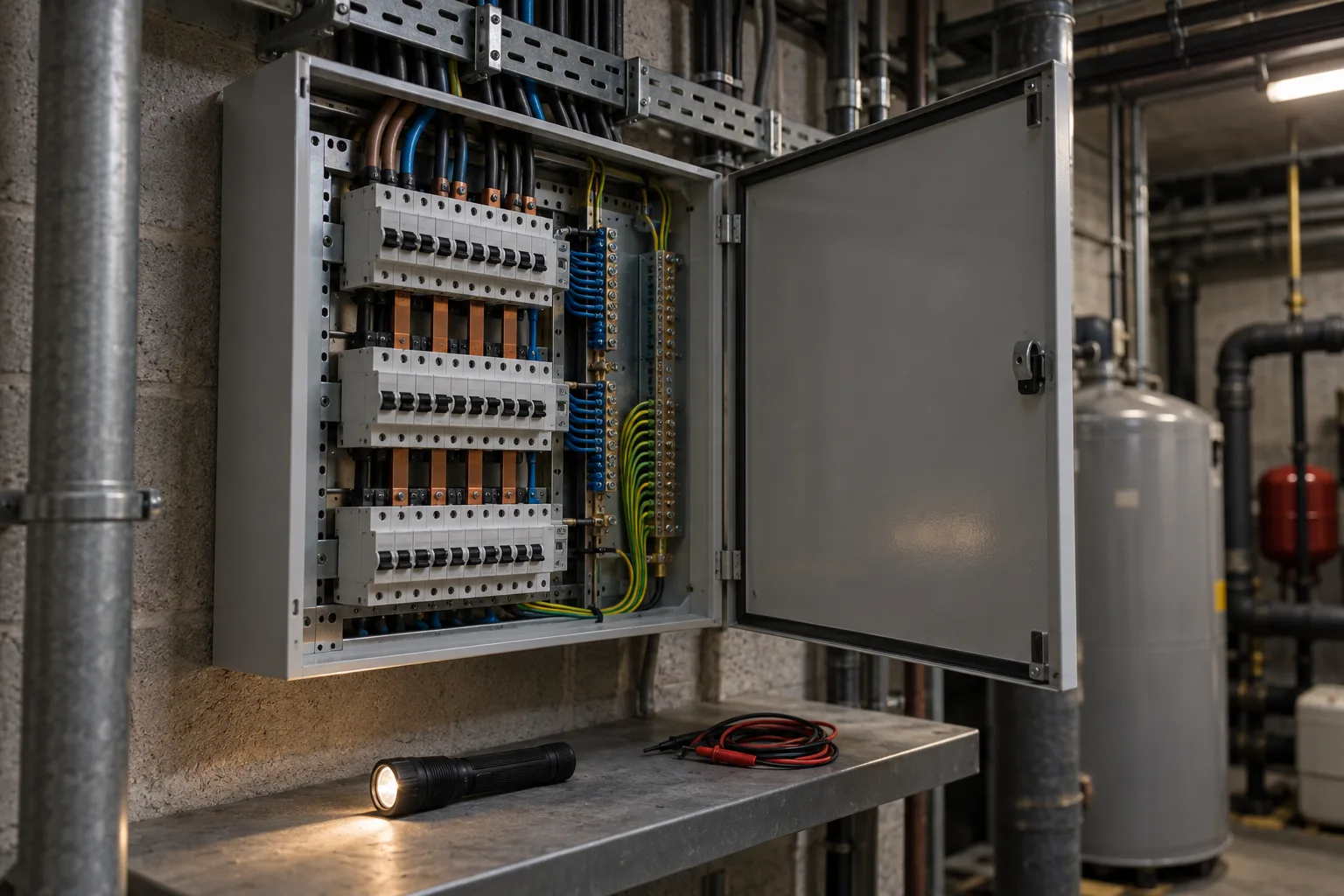 Illustrative planned visit: an open commercial distribution board in a plant room with a torch resting on the shelf below