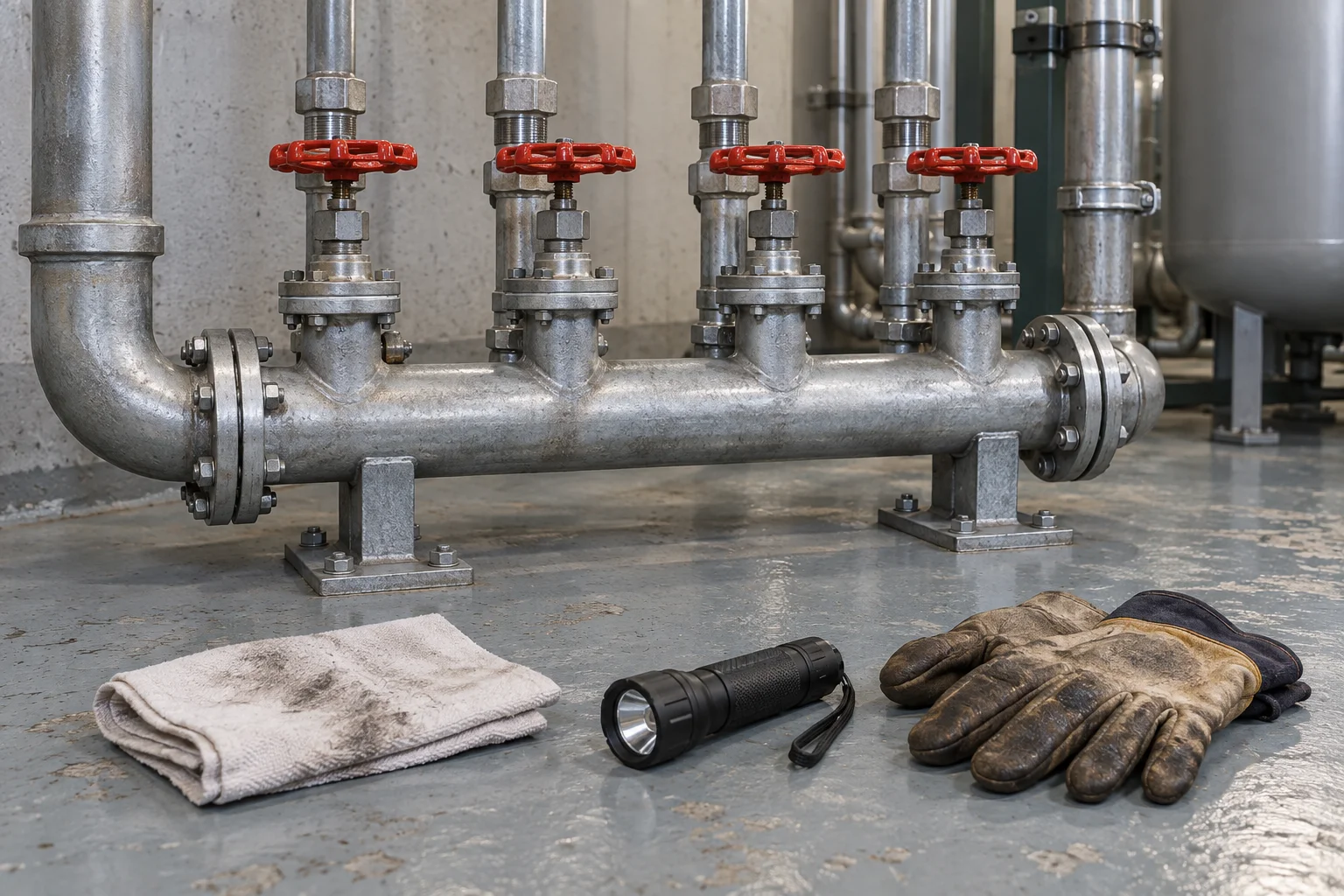 Illustrative detail study of a services cupboard in a commercial building: labelled circuits on a distribution board, a pressure gauge and an isolation valve on a pipe run, a water heater, and a clipboard of blank sheets on a shelf