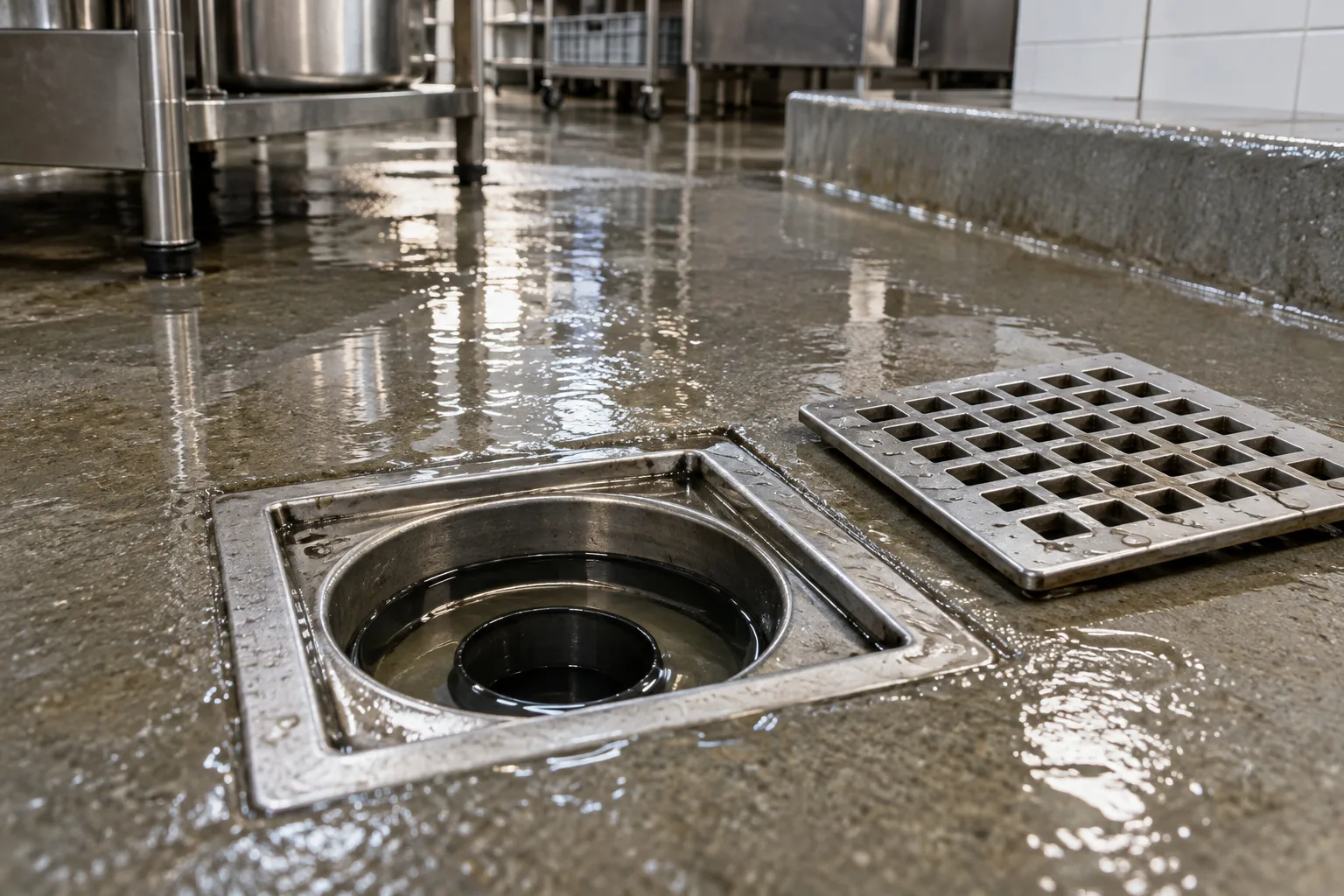 Illustrative planned visit: a stainless floor waste in a commercial kitchen wash area with its cover lifted off and the floor hosed down