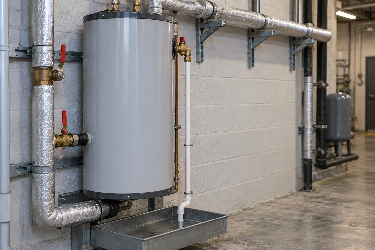 Illustrative planned visit: an insulated commercial water heater with its isolation valves and a drip tray on a plant-room wall