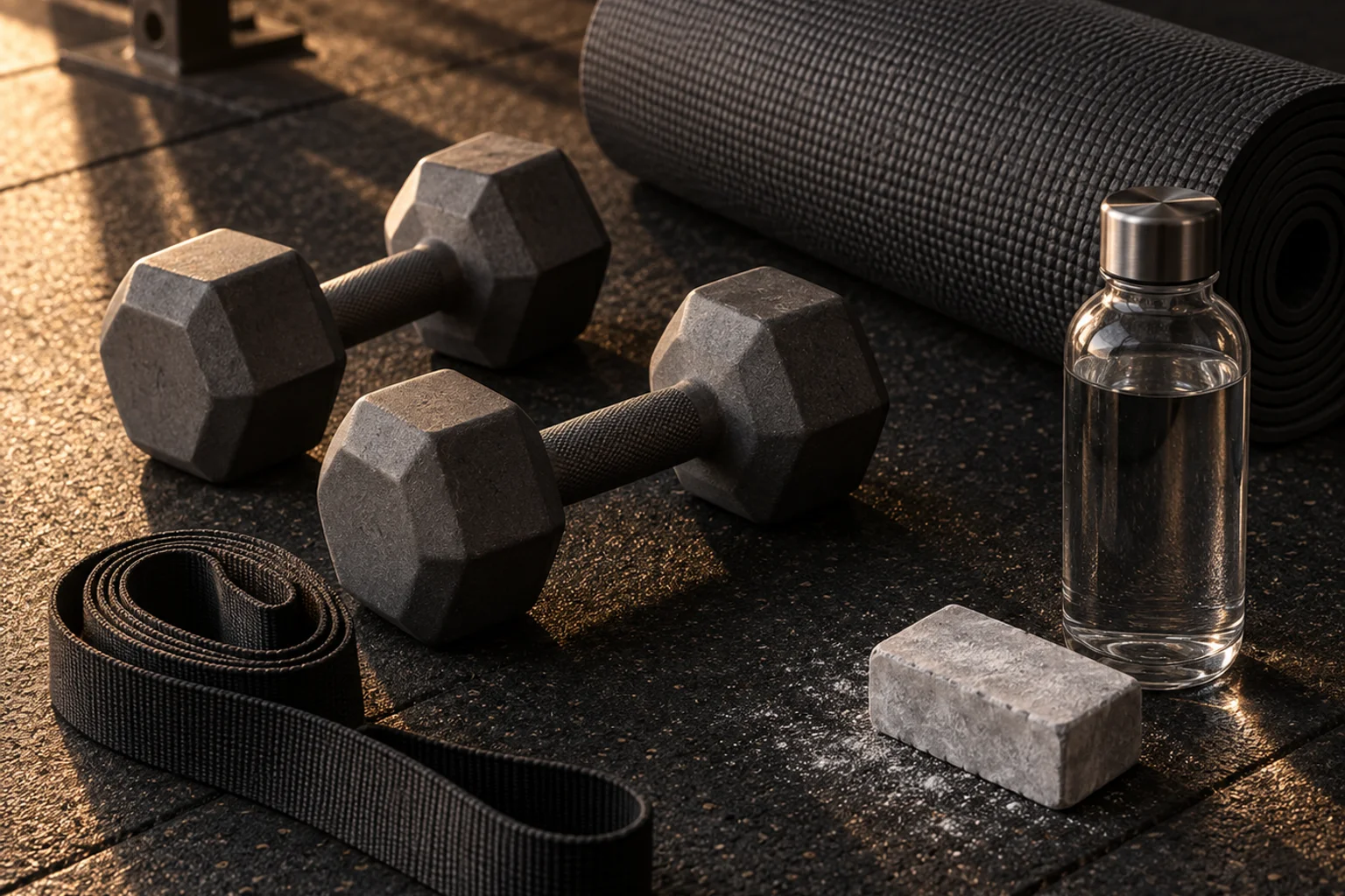 Coiled strap, unmarked dumbbells, rolled mat, chalk block and a plain water bottle on a dark floor