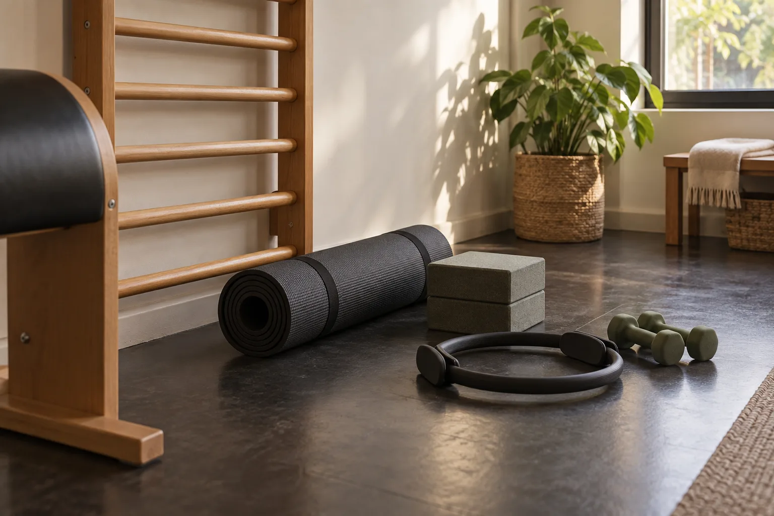 Illustrative mat pilates corner with a rolled mat, stacked foam blocks, a pilates ring and small dumbbells