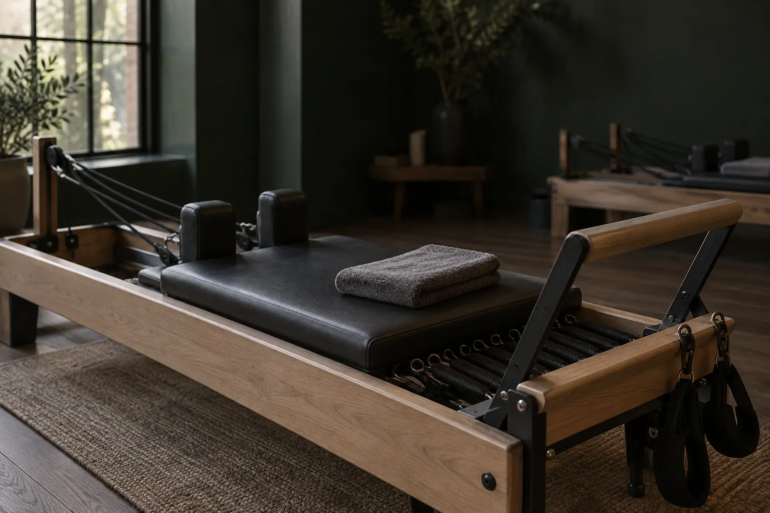 Illustrative reformer pilates machine in a dim studio with coiled springs, a wooden footbar and a folded towel
