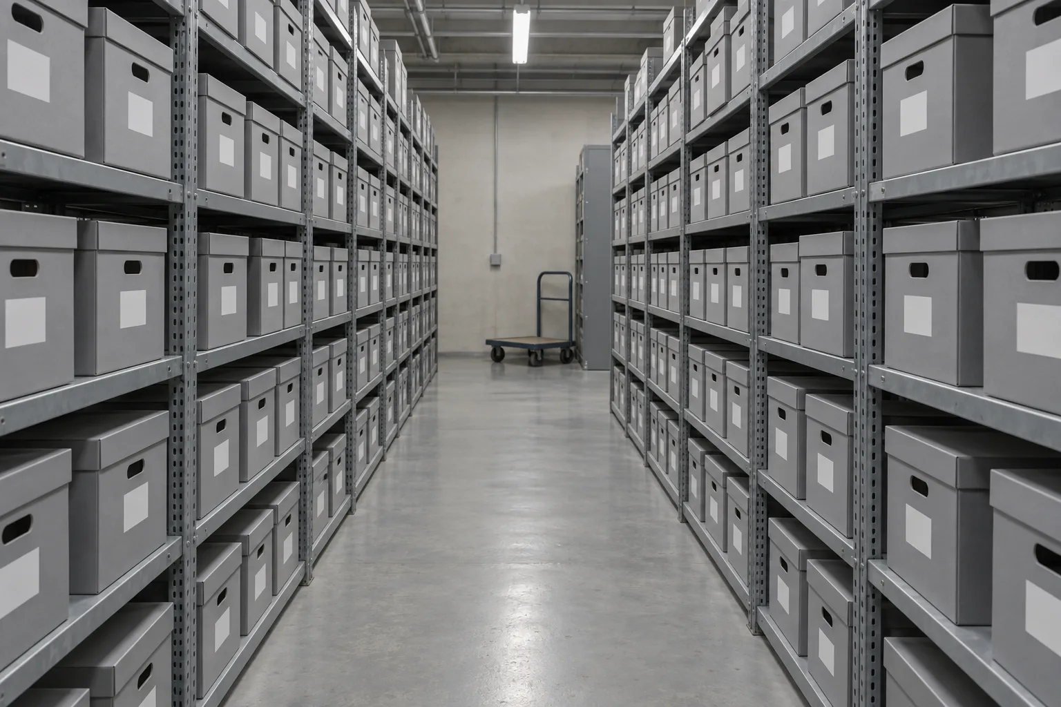 Illustrative rows of grey archive crates on steel shelving in a business archive aisle with a flat trolley parked at the end