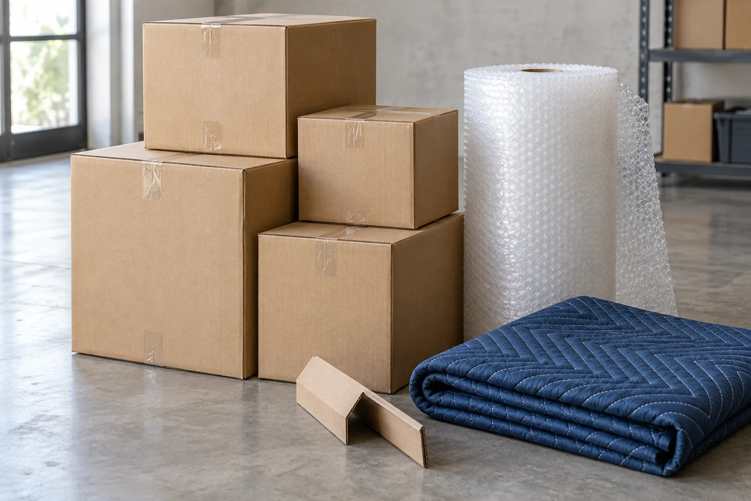A sealed carton beside a roll of bubble wrap and a folded corner protector on a concrete floor
